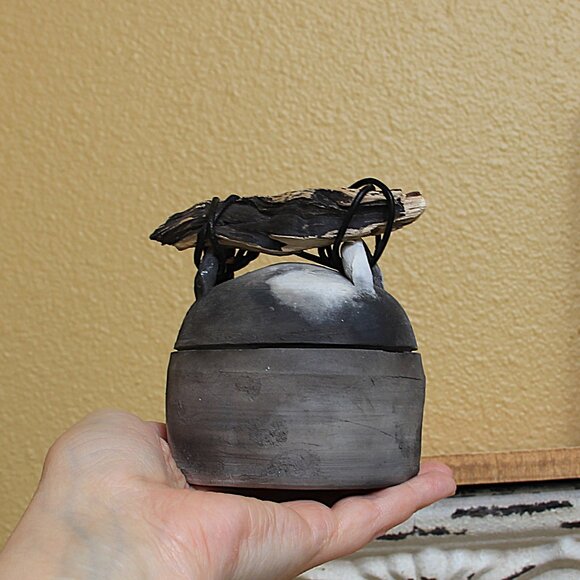 Pit Fired Small Lidded Pottery Piece w/ Driftwood and Cord Handle - Picture 12 of 14